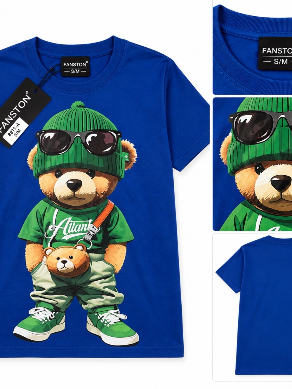 FANSTON Blue Teddy Graphic Tee with Green Accents